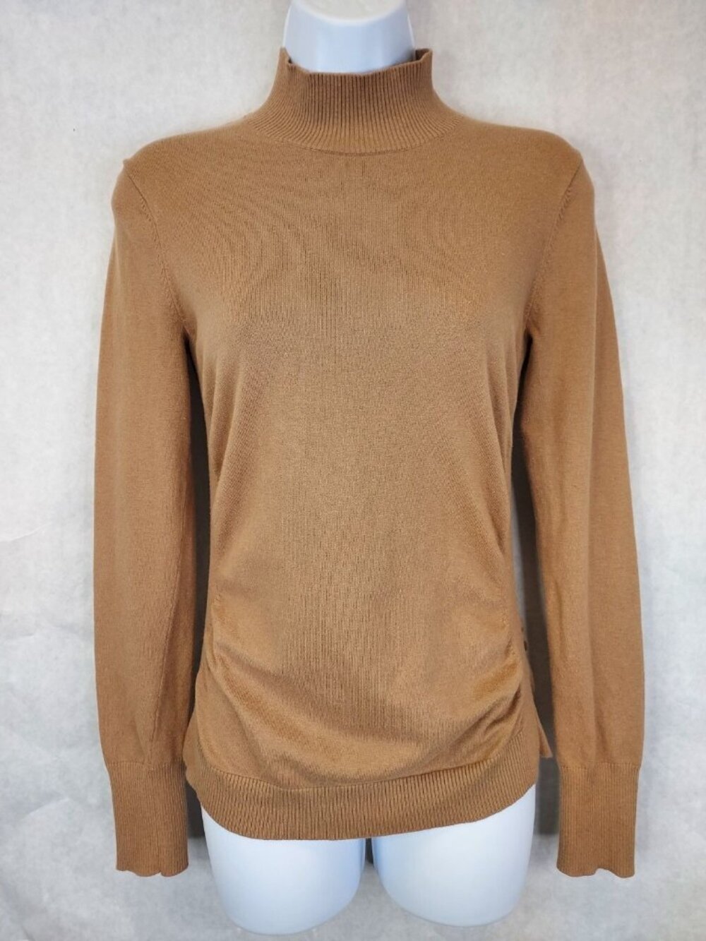 Frame Mock Neck Sweater Women XS Silk Blend Camel Ruched Sides Luxury Minimalist